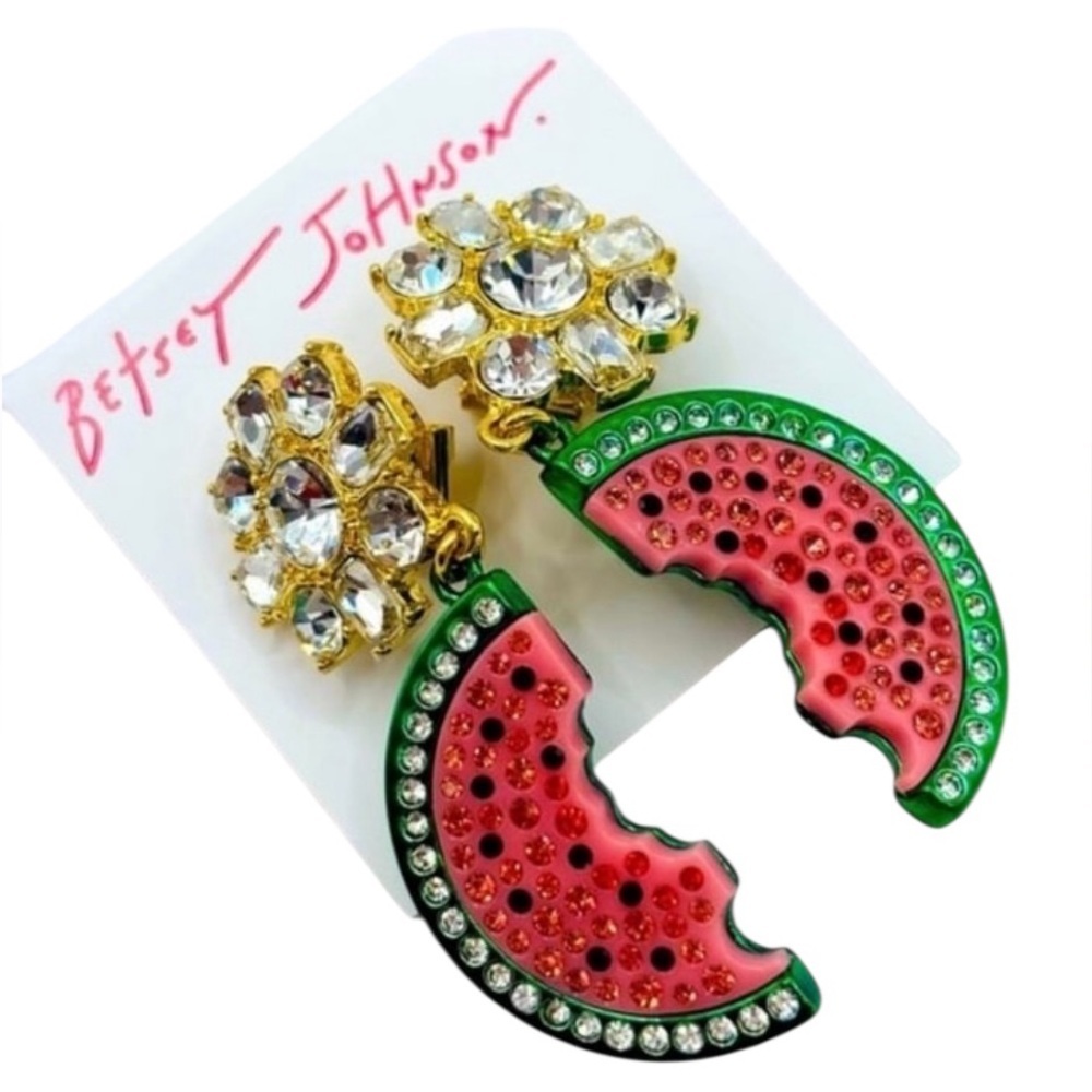 BETSEY JOHNSON Crystal-Accented Watermelon Slice Garden Glam Dangle Earrings NWT - Picture 6 of 10